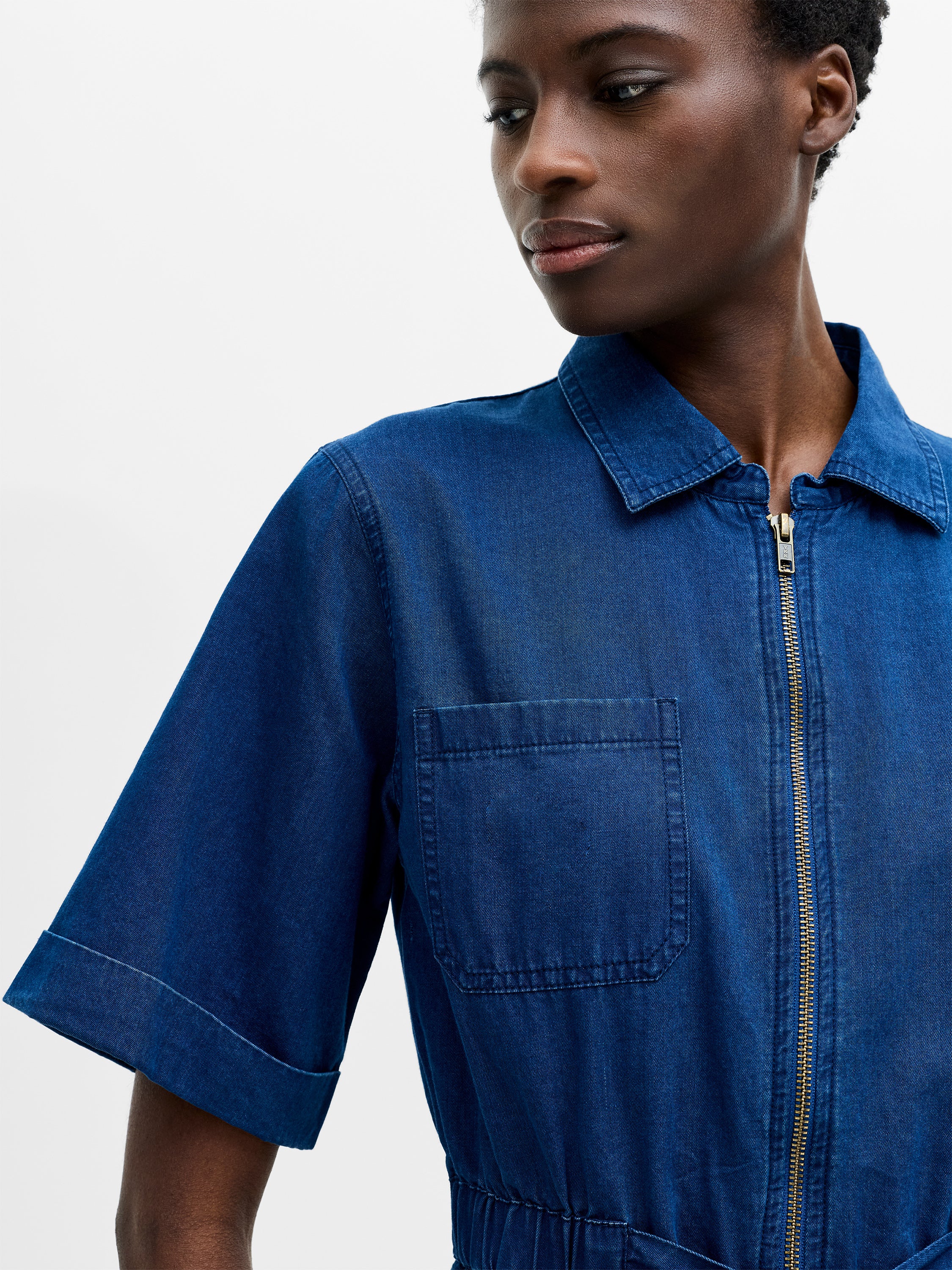 Chambray Denim Zip-Up Playsuit Mid Wash Chambray Blue | French