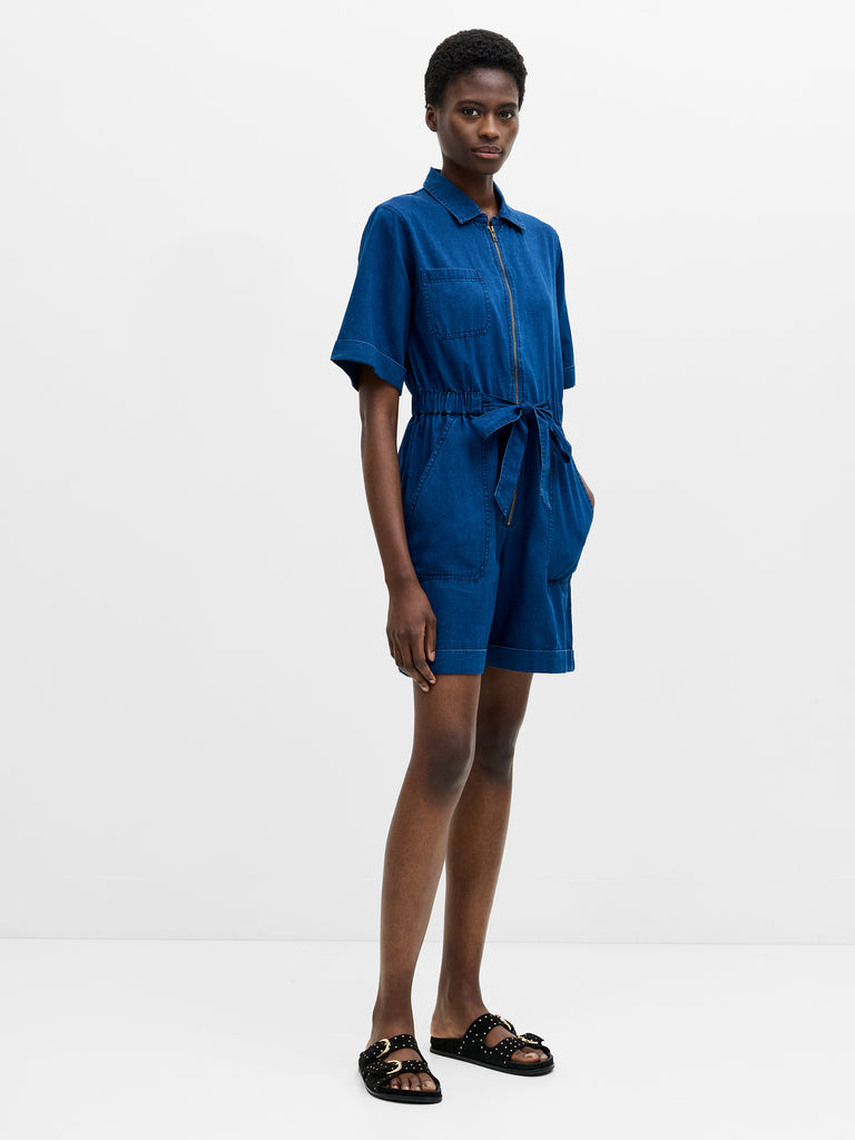 ま　DENIM LIKE VOLUME CAMI ROMPERS Chambray Denim Zip-Up Playsuit Mid Wash Chambray Blue | French