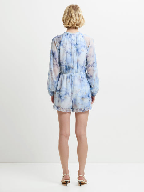 Daisy Chiffon Faux Button Blue Floral Playsuit