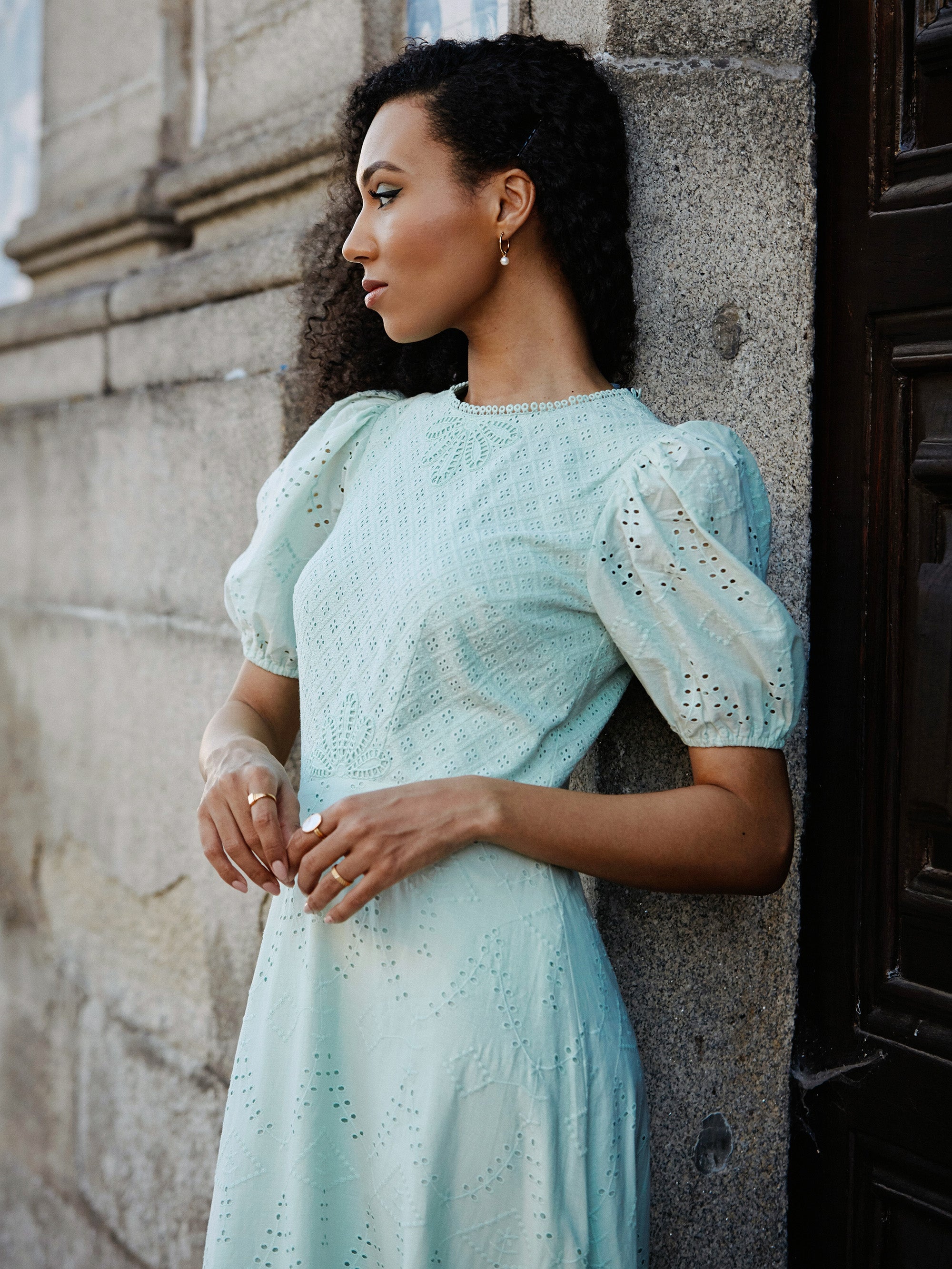 Esse Broderie Puff Sleeve Dress Aqua Foam Green | French Connection UK