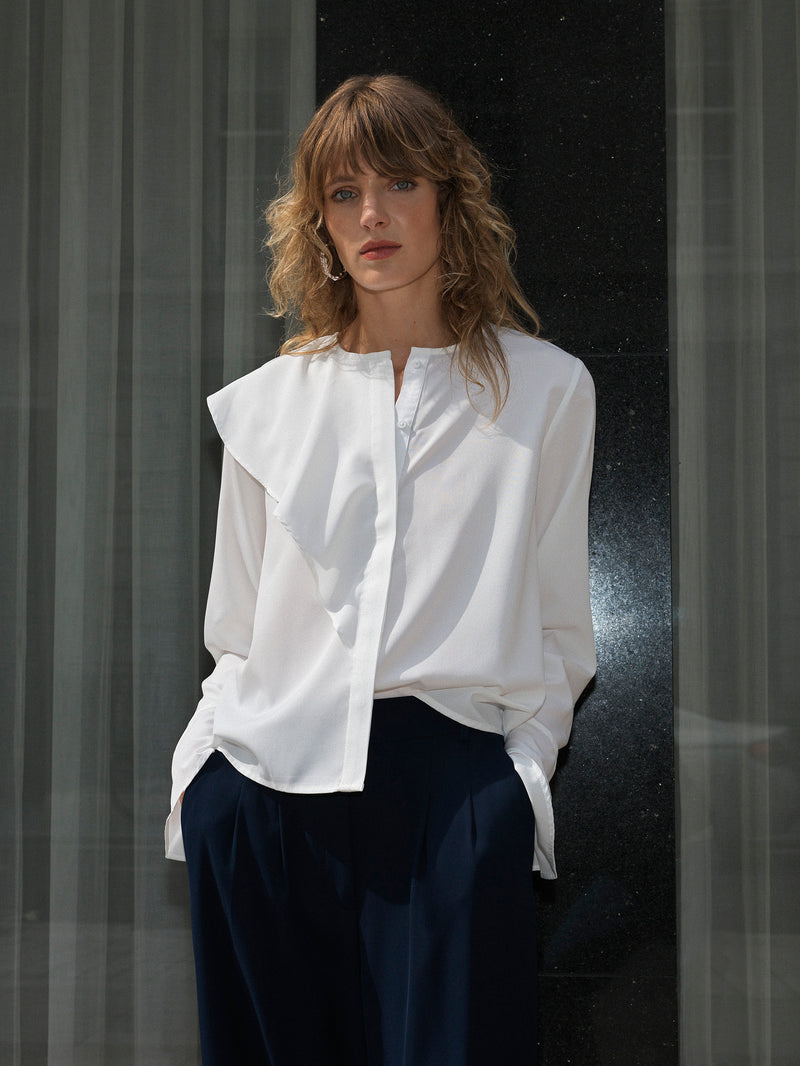 Crepe Light Recycled Asymmetric Frill Shirt Winter White | French ...