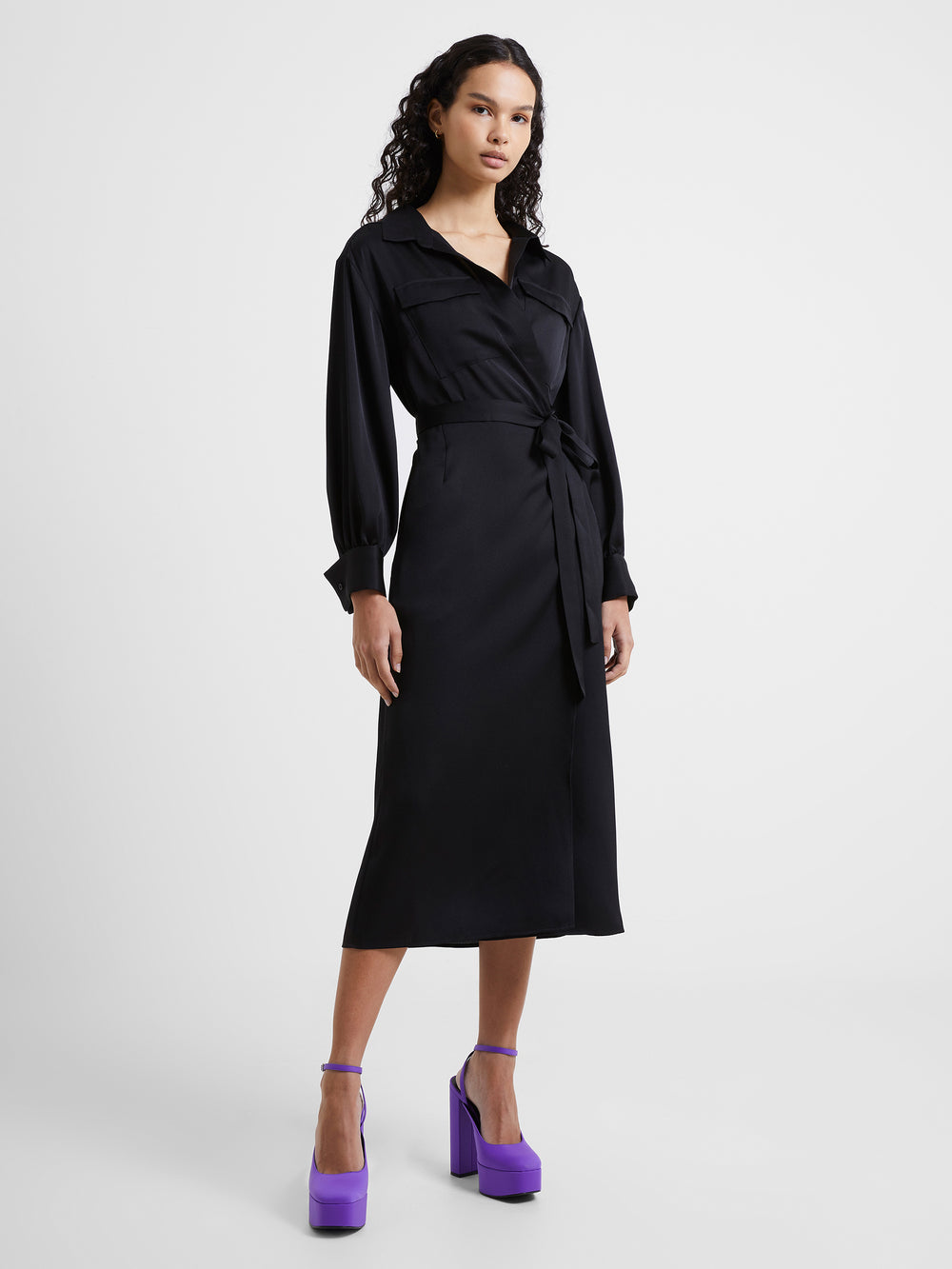 Harlow Recycled Satin Crossover Midi Dress Blackout | French Connection UK