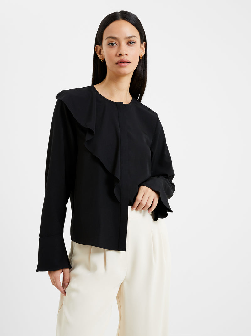 Crepe Light Recycled Asymmetric Frill Shirt Blackout | French Connection UK