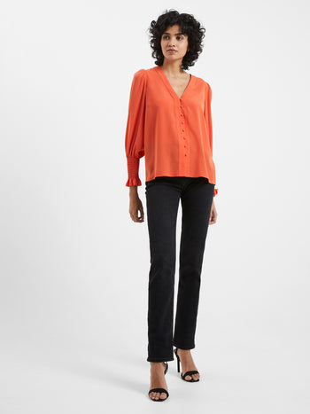 Crepe V-Neck Smocked Sleeve Blouse