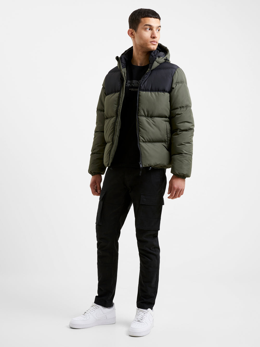 Padded Panel Hooded Mid Length Coat Black/Khaki | French Connection UK