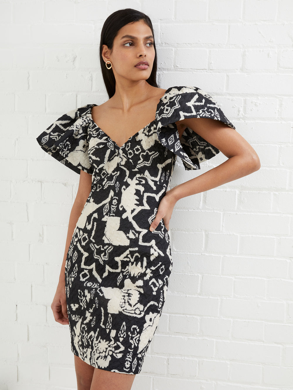 Deon Candra Jacquard Dress Black/Cream French Connection UK