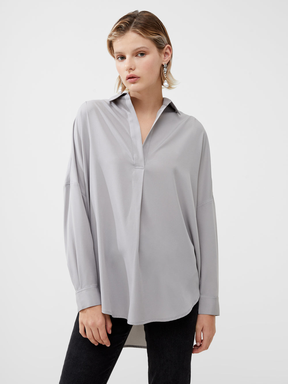 Rhodes Recycled Crepe Popover Shirt Alloy | French Connection UK