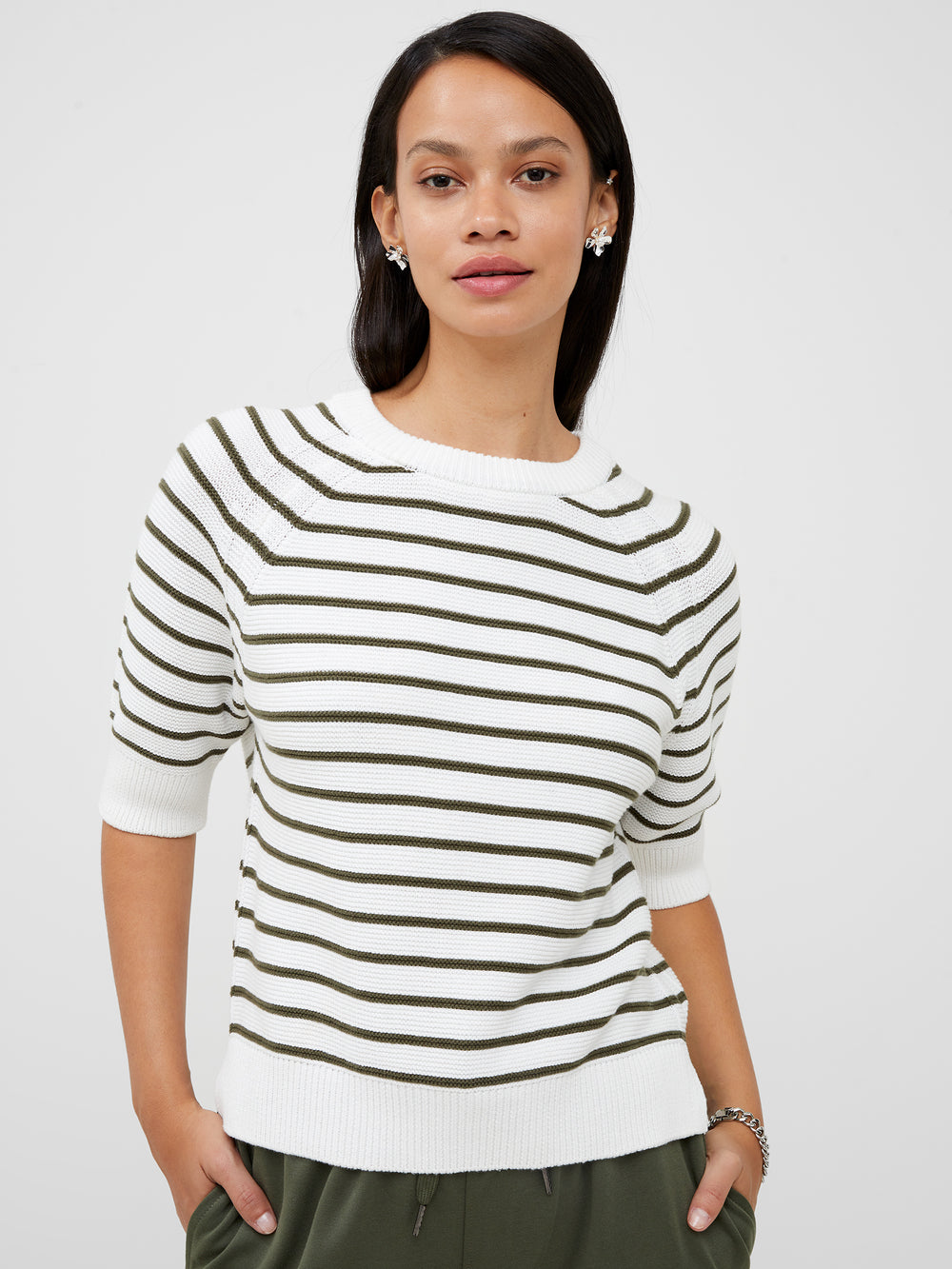 Lily Mozart Stripe Short Sleeve Jumper Su White/Olive Night | French  Connection UK