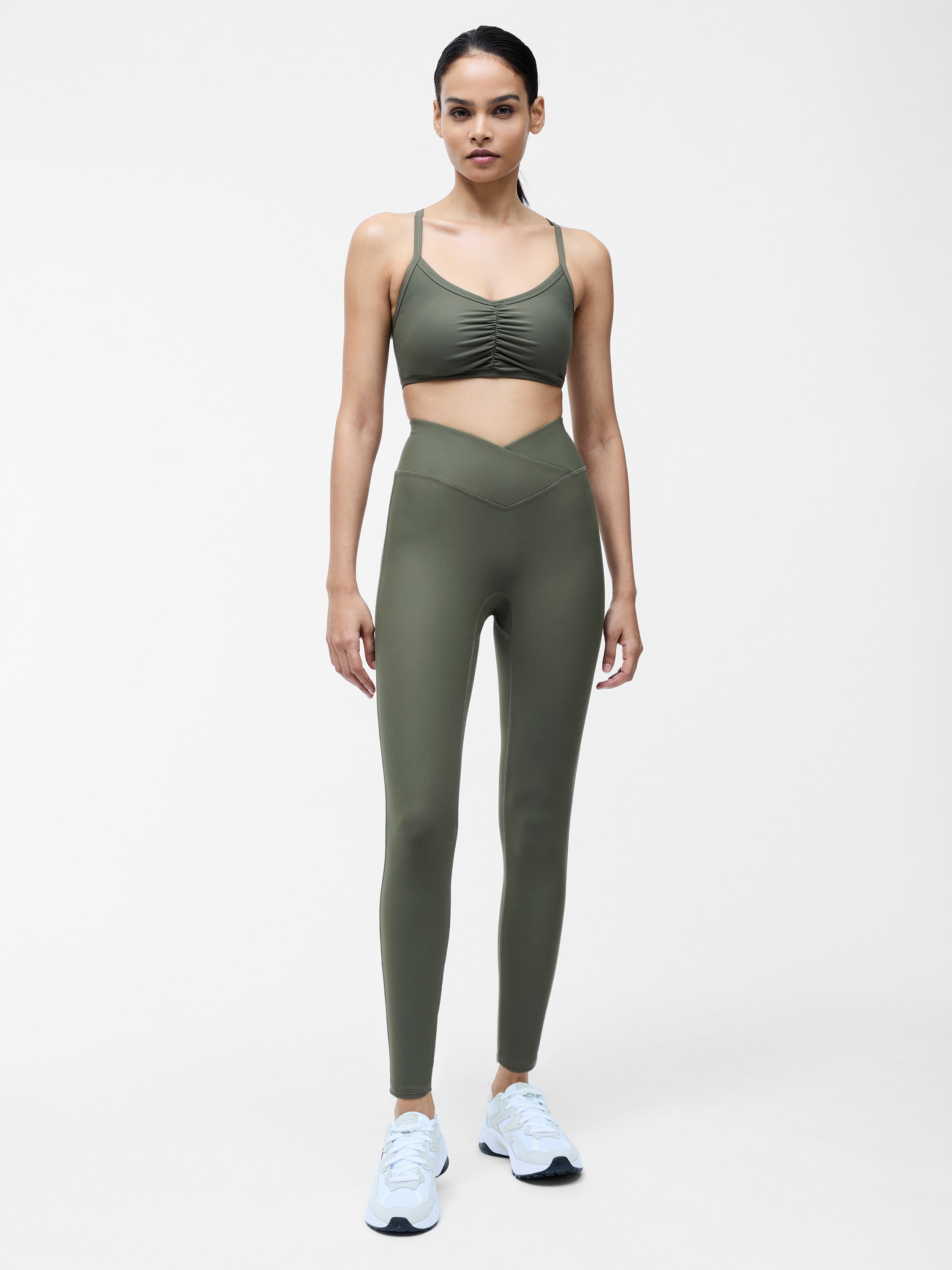 Khaki High-Waisted Crossover Gym Leggings