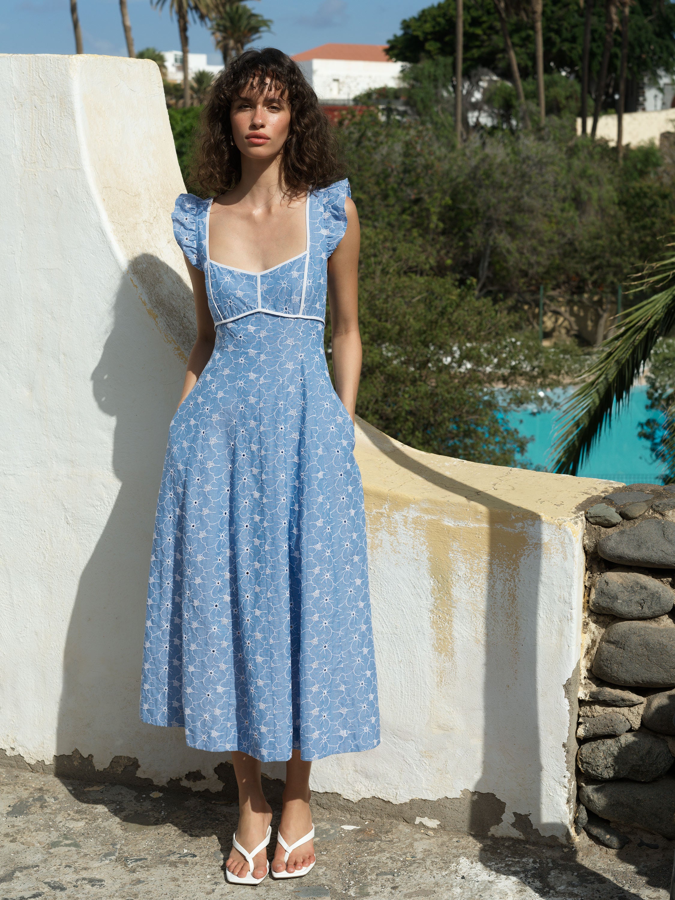 Tamara Floral Broderie Blue Midi Dress
