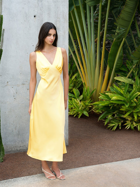 Bernice Satin Twill Butter Yellow Midi Slip Dress
