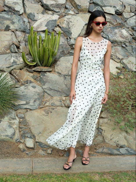 Emina Chiffon Monochrome Polka Dot Maxi Dress