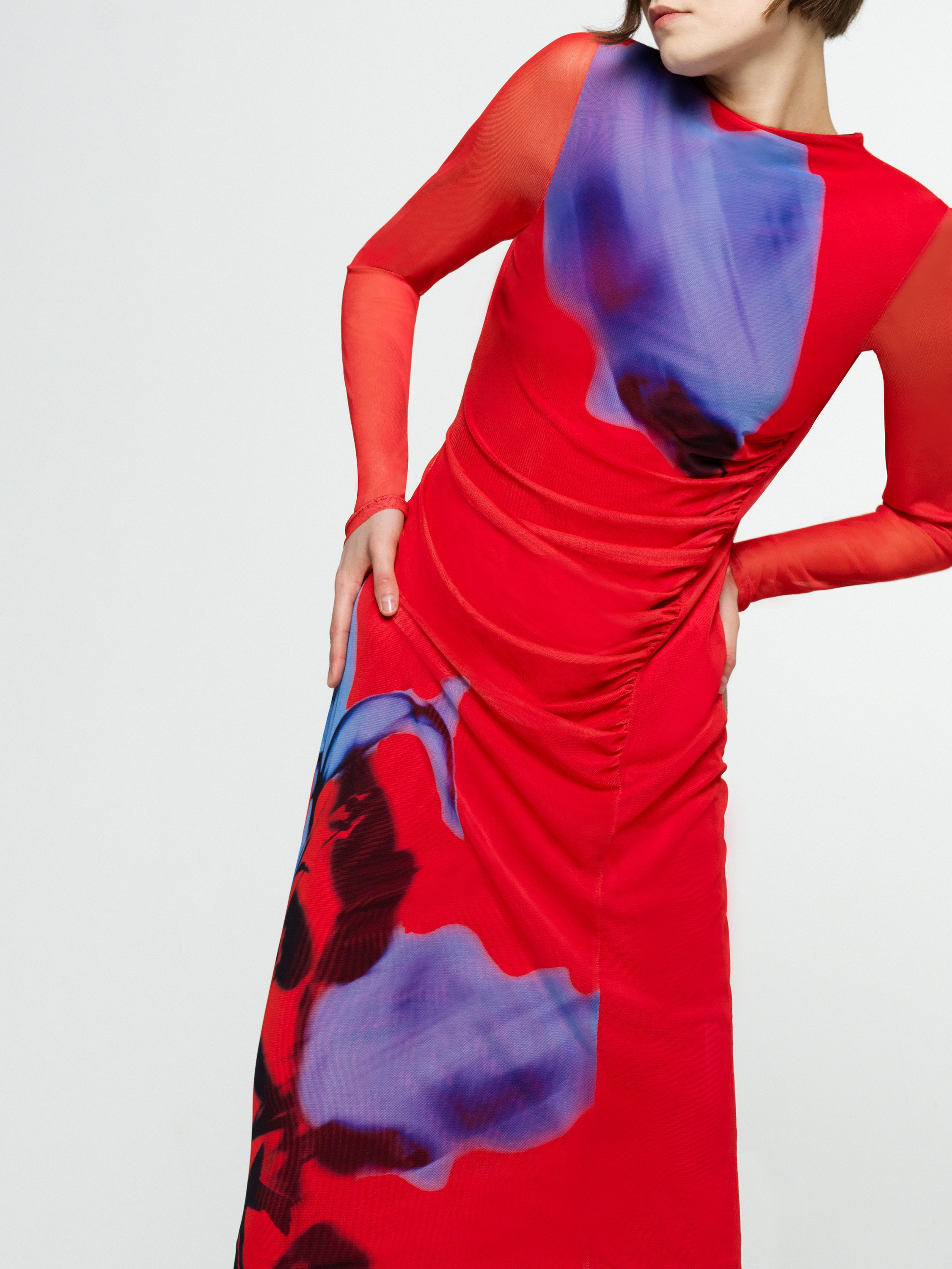 Smokey Placement Long Sleeve Floral Dress Red Multi | French Connection UK