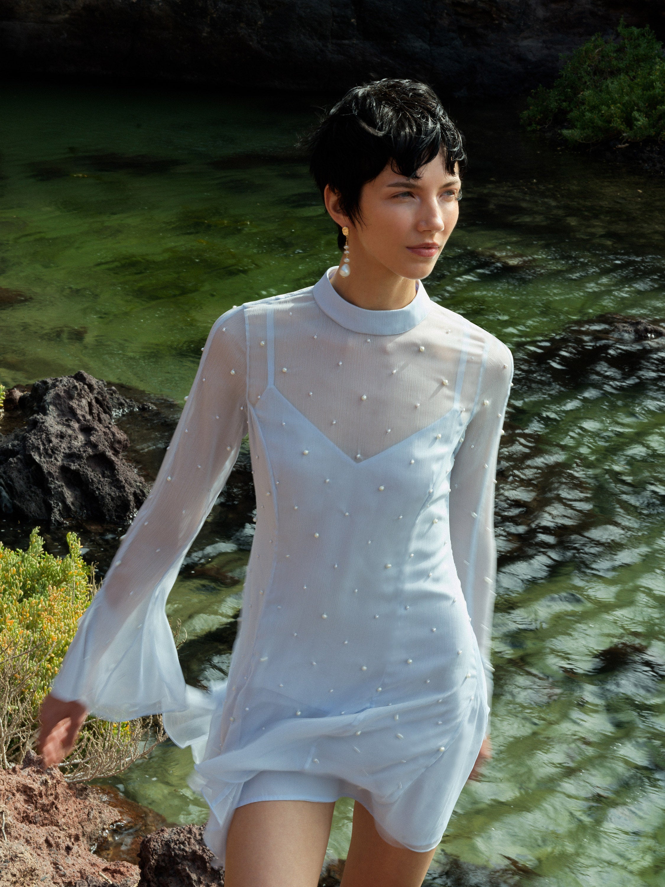 Elizabeth Chiffon Faux Pearl Mini Dress