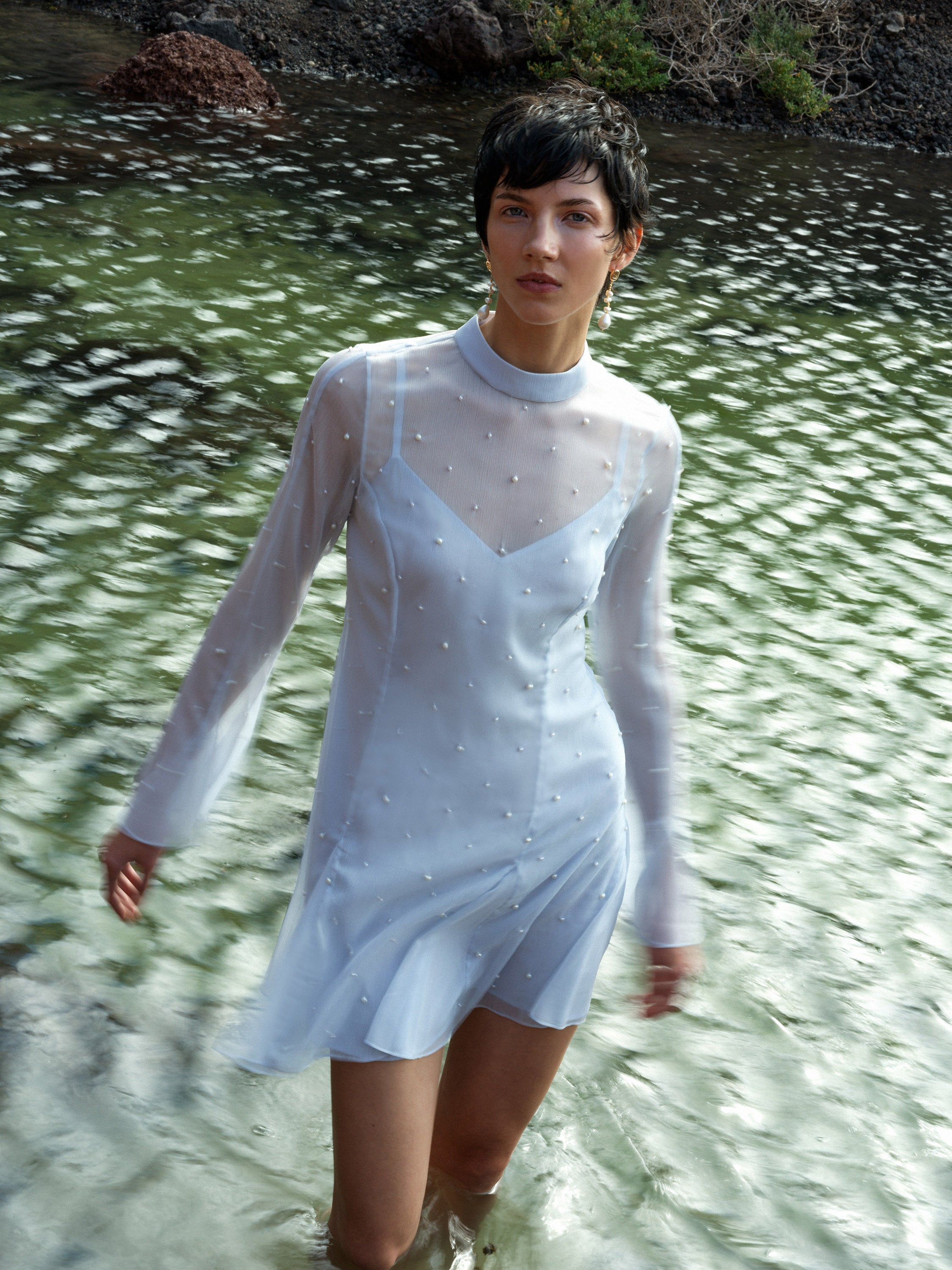 Elizabeth Chiffon Faux Pearl Mini Dress