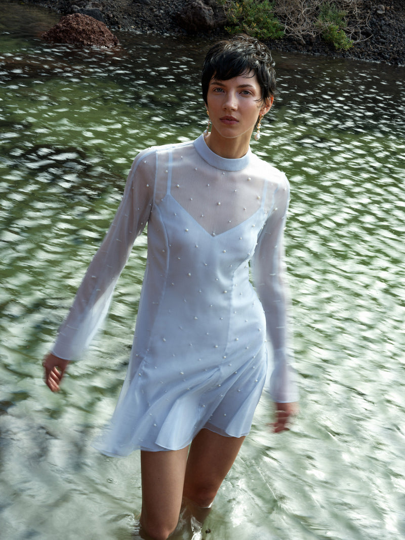 Elizabeth Chiffon Faux Pearl Mini Dress