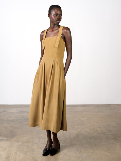 Erma Pinstripe Buckle Strap Khaki Green Midi Dress