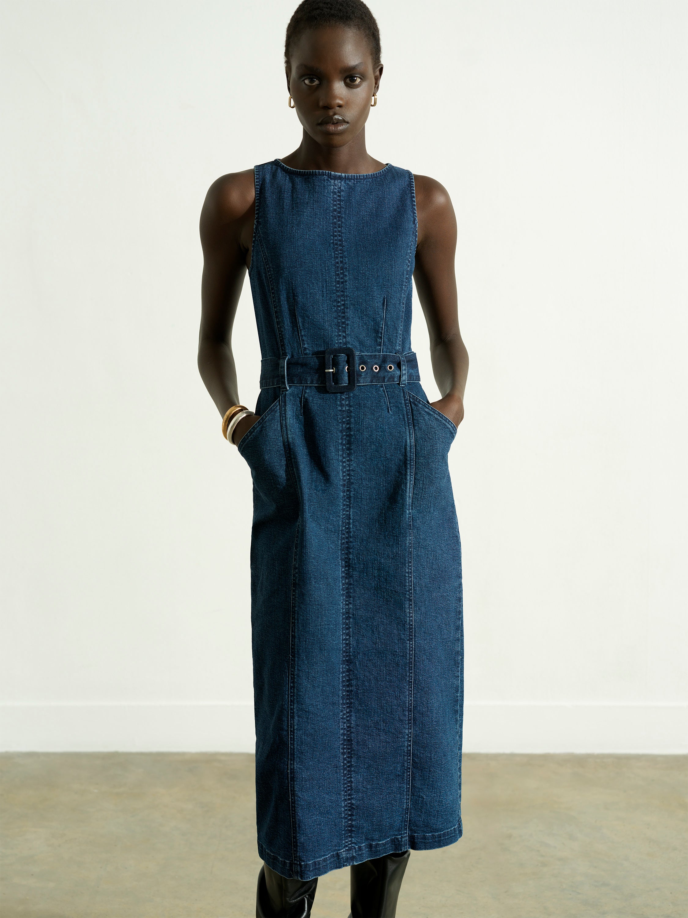 Arywoode Denim Sleeveless Belted Midi Dress Dark Indigo | French
