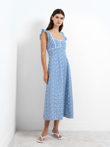 Tamara Floral Broderie Blue Midi Dress