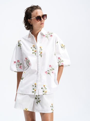 Cambria Cotton Floral Embroidered Puff Sleeve Shirt