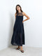 Beth Lurex Navy Trim Halterneck Maxi Dress