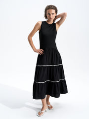 Kaylie Mix Tiered Ric Rac Monochrome Midi Dress