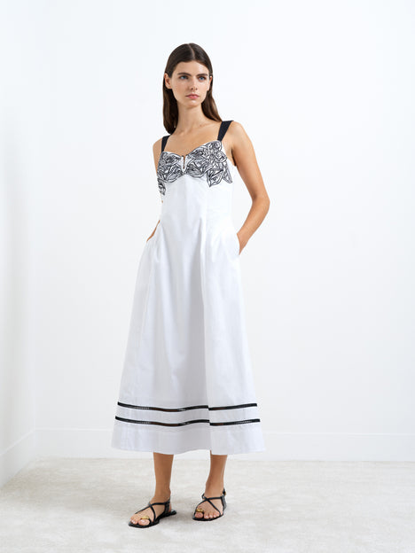 black and white summer cutwork organic cotton midi dress Organic Cotton Premium Boatneck Midi Dress Black & White