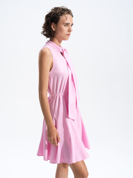 Era Poplin Bow Neck Godet Light Pink Mini Dress