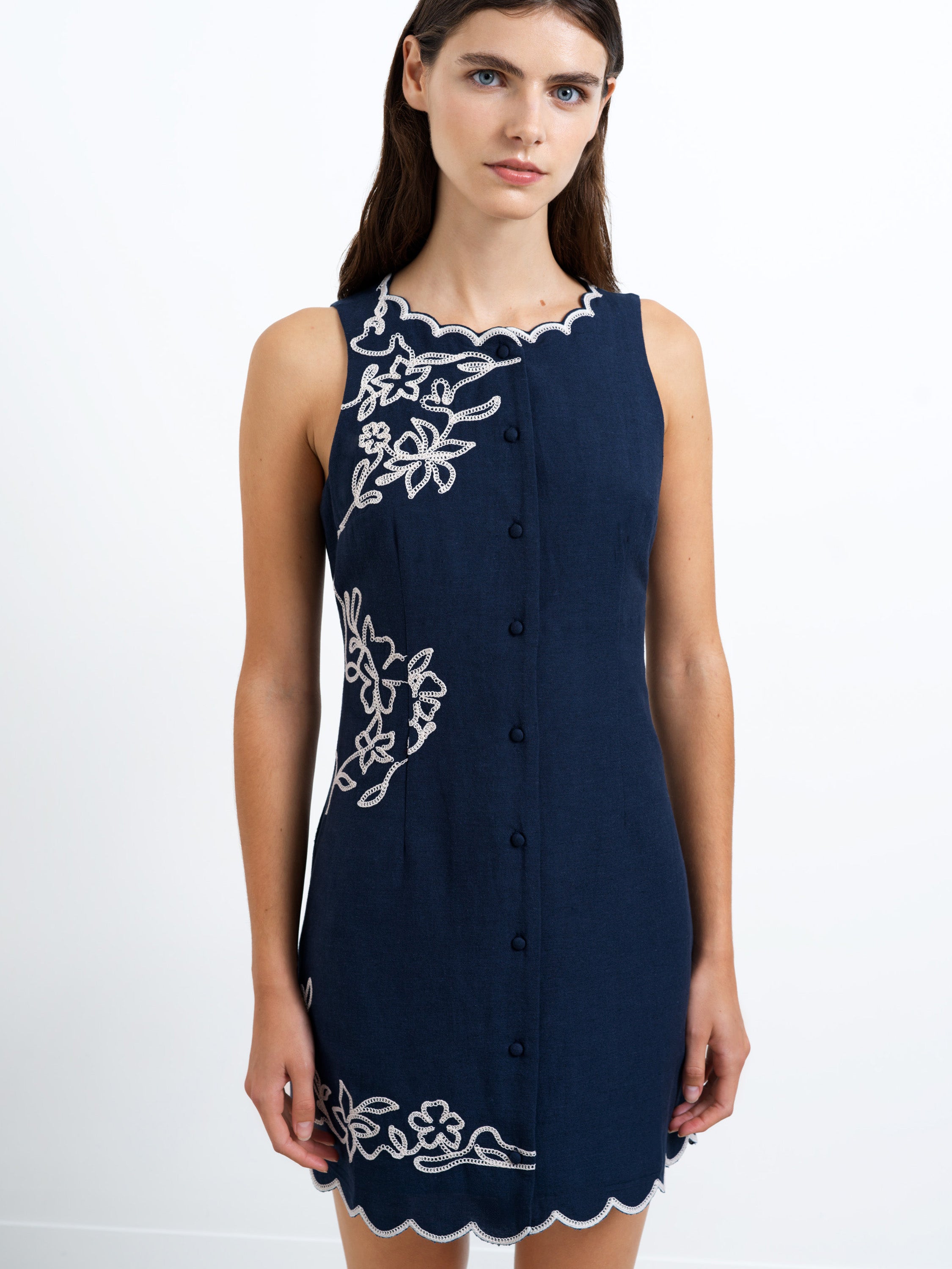 Calissa Embroidered Mini Dress New Navy Blue/Porcelain | French Connection UK Calissa Embroidered Mini Dress New Navy Blue/Porcelain | French Connection UK