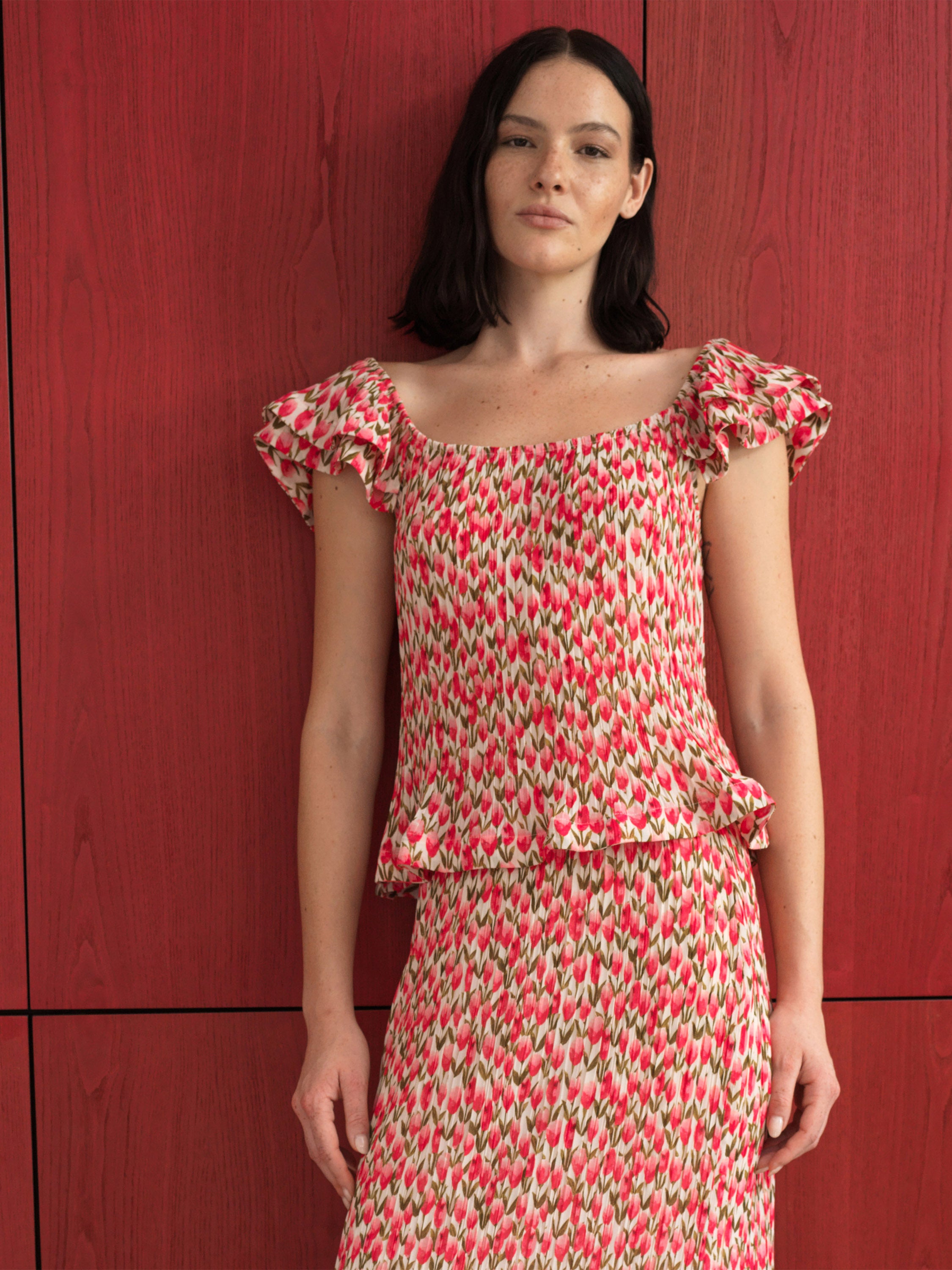 Noelle Floral Plisse Ruffle Peplum Top