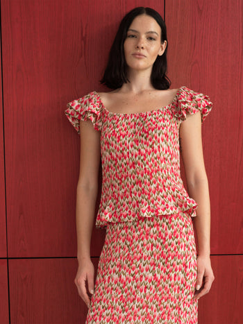 Noelle Floral Plisse Ruffle Peplum Top