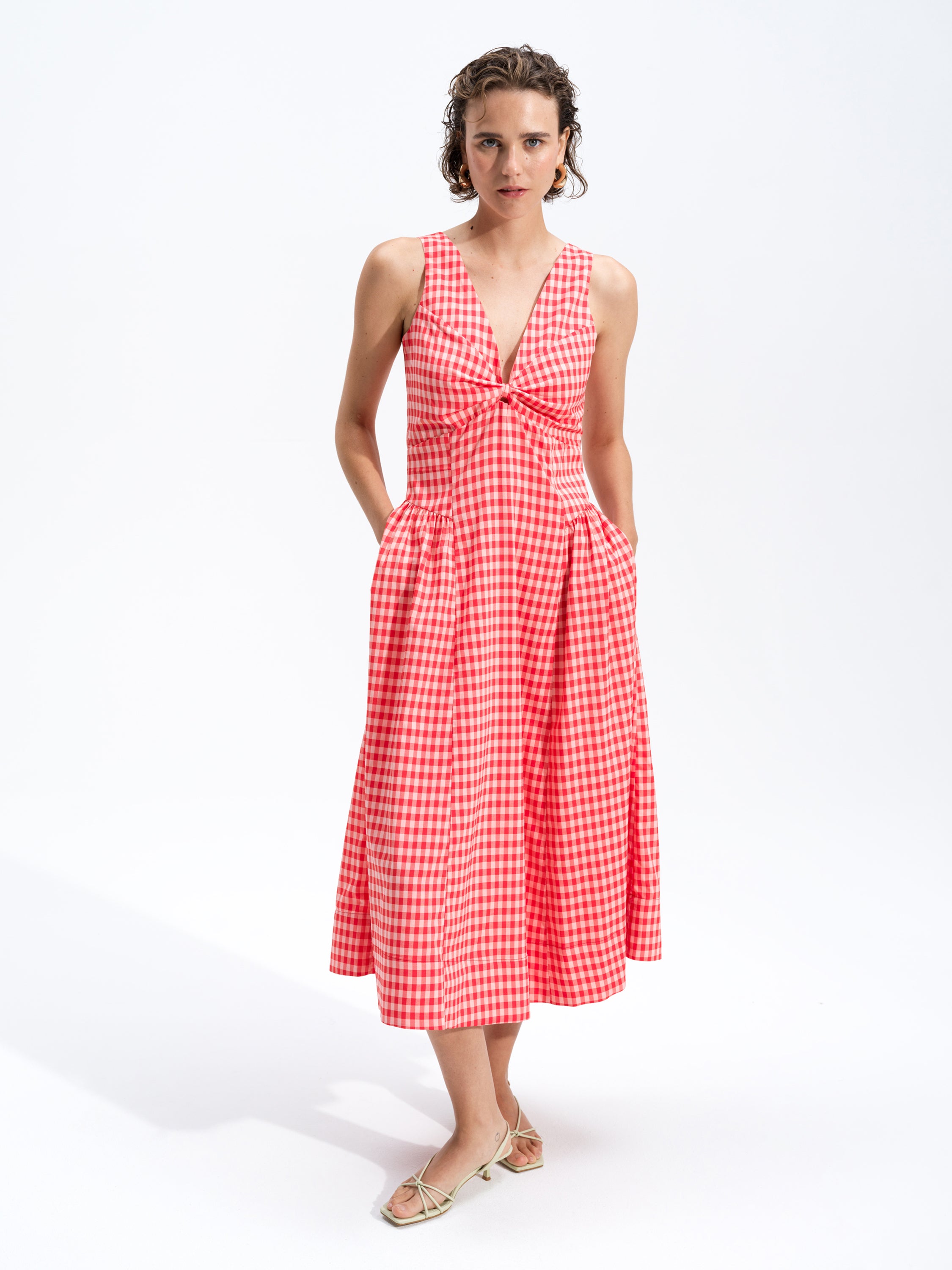 red gingham midi dress Sheila Sleeveless Voluminous Red Gingham Midi Dress Watermelon Red