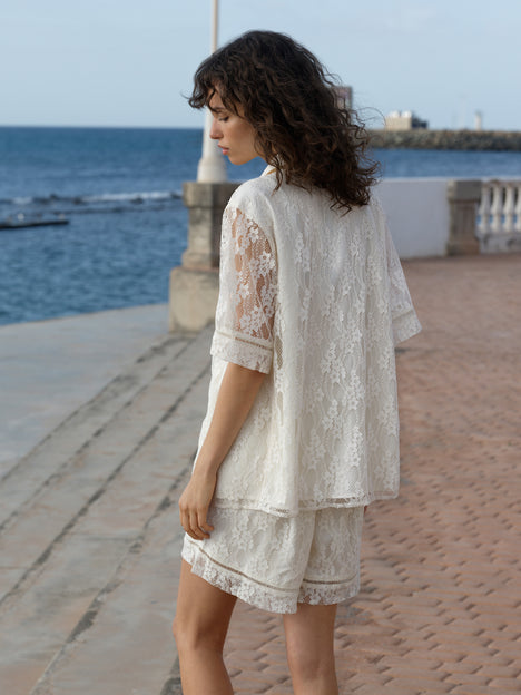 Zoe Lace Cream Short Sleeve Button Through Shirt