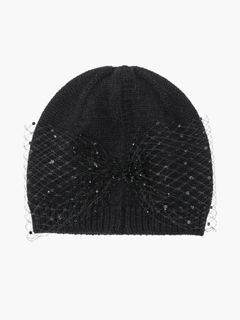 Sparkly Mesh Diamante Bow Beanie Hat