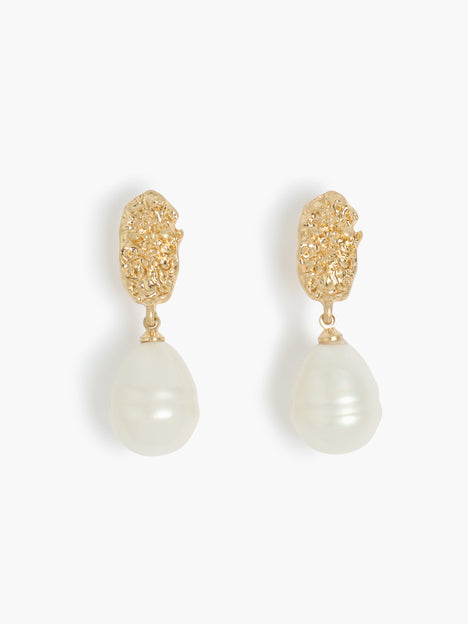 Gold Molten Disc Pearl Drop Earrings