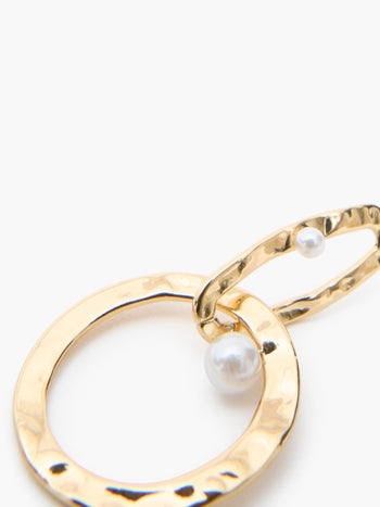 Duo Hammered Drop Hoop With Pearl Earrings