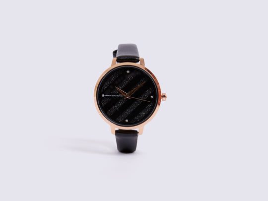 Black Leather Strap Watch with Black Glitter Dial