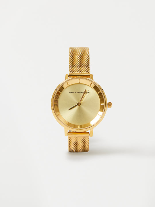 Gold Tone Mesh Bracelet Watch with Champagne Dial