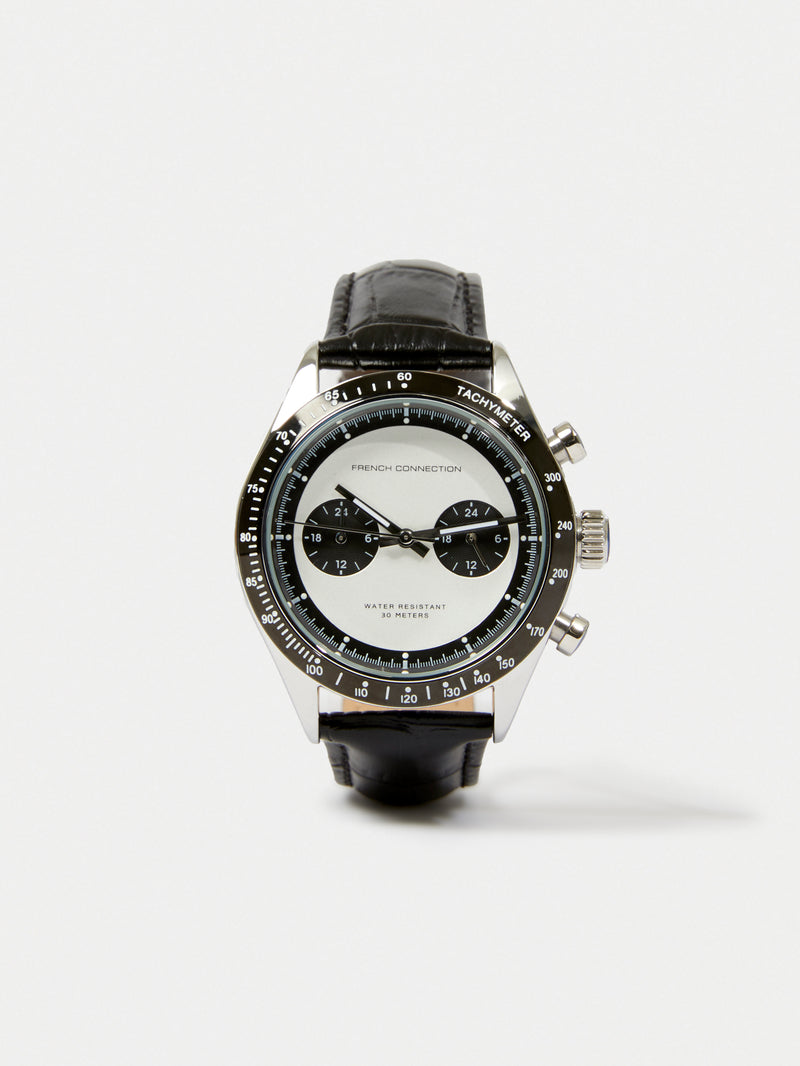 Black Leather Strap Watch with White Dial Black French Connection UK