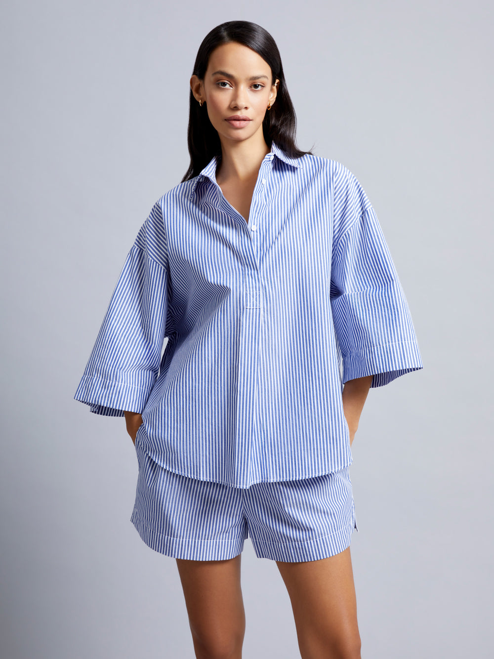Rhodes Poplin Stripe Shorts Linen White/Marine French Connection UK