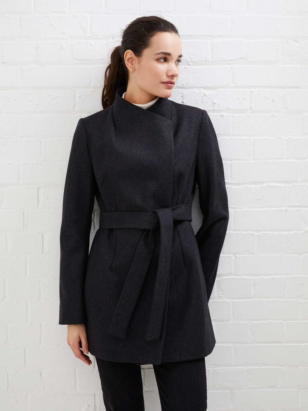 Platform Felt Crossover Coat Charcoal Grey Melange | French Connection UK