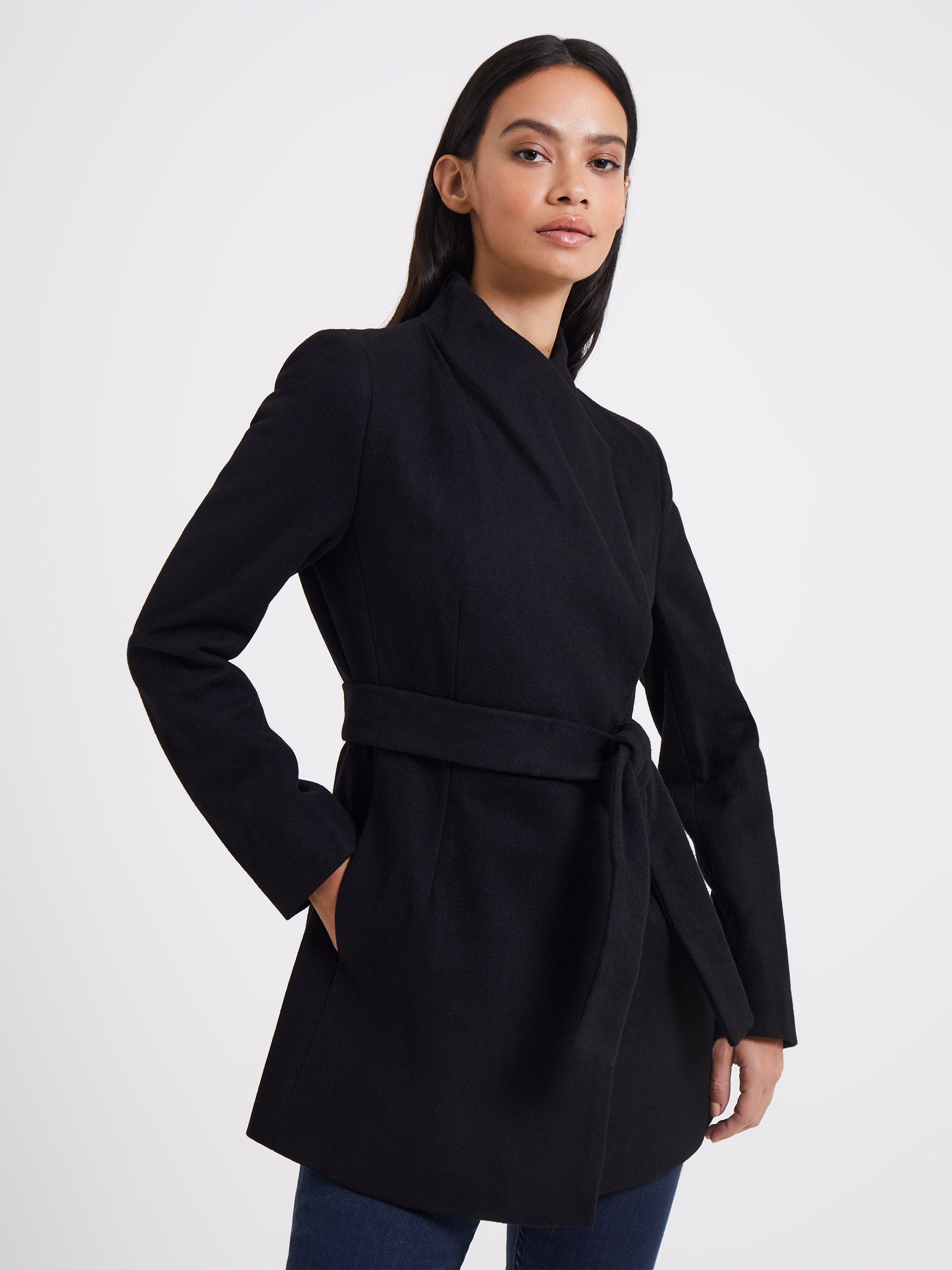 Platform Felt Crossover Coat Black | French Connection UK