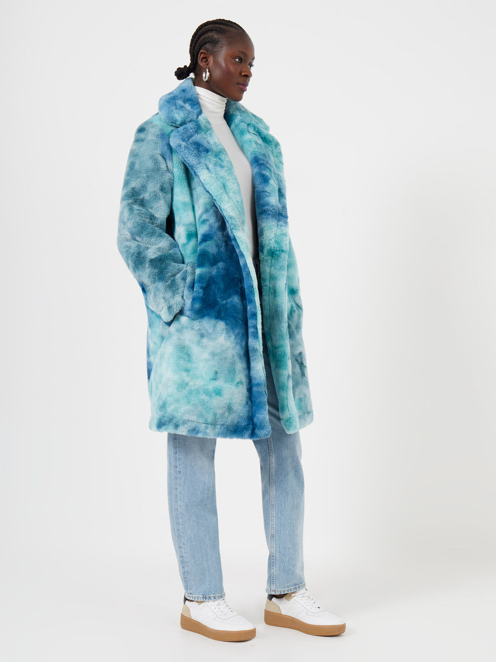 Buona Tie Dye Faux Fur Long Coat Indigo Multi French Connection UK