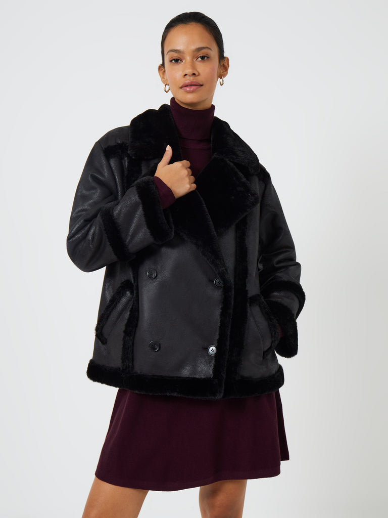 Belen Faux Fur Double Breasted Coat Black/Black | French Connection UK