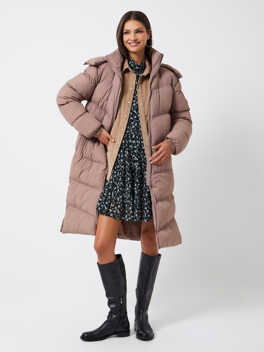 Coralie Funnel Neck Longline Hooded Puffer Coat Antler French