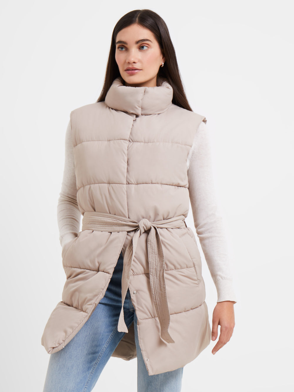 Funnel Neck Mid-Length Belted Gilet Putty | French Connection UK