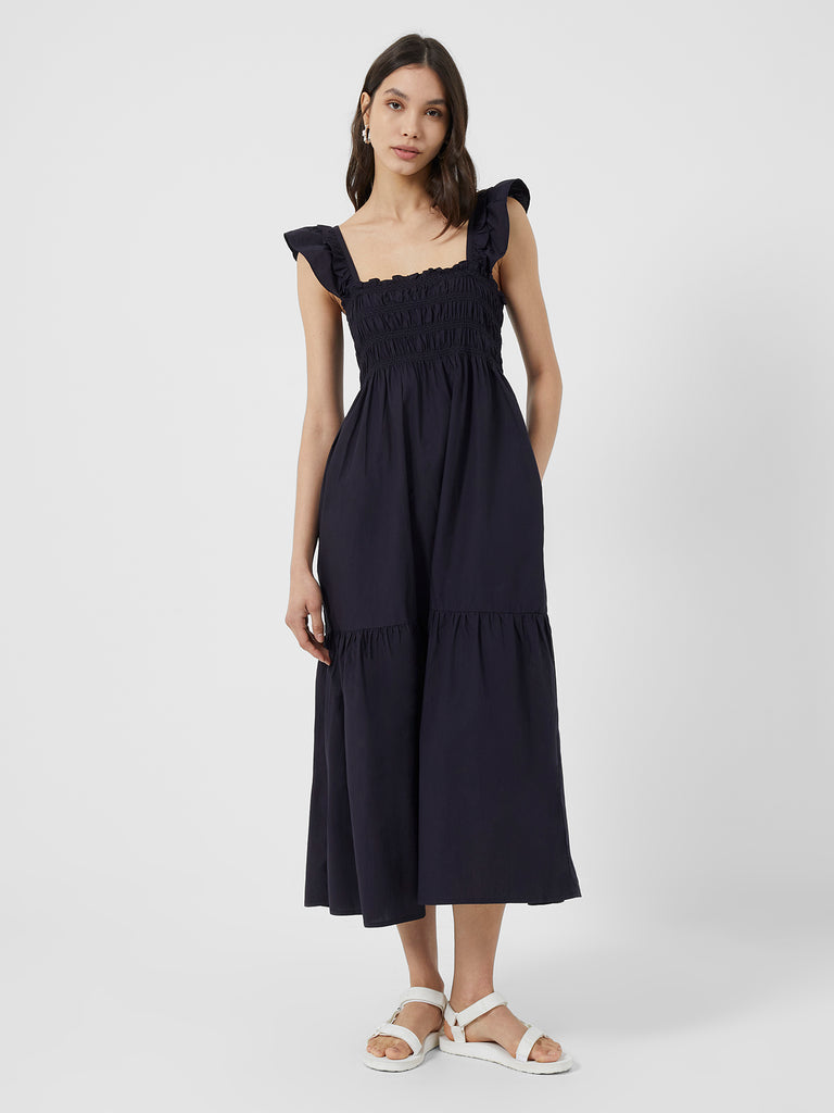 Isla Organic Tiered Skirt Midi Dress Utility Blue | French Connection UK