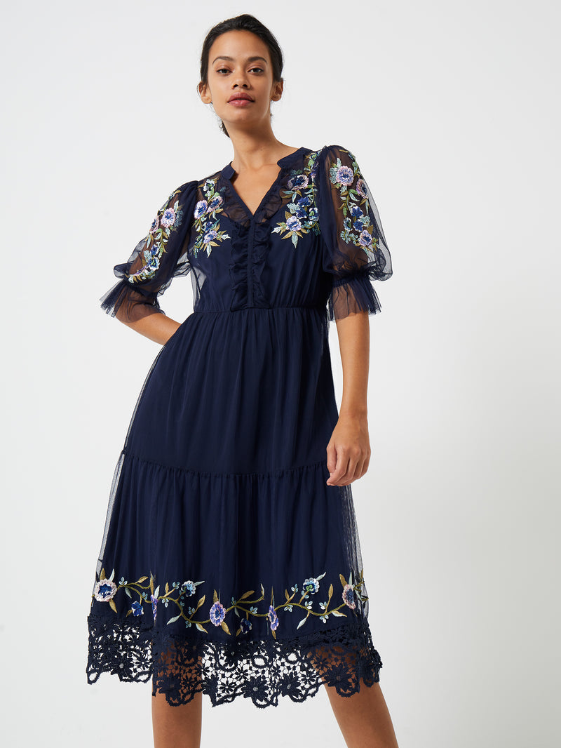 Ambre Embroidered Cluster Maxi Dress Indigo | French Connection UK