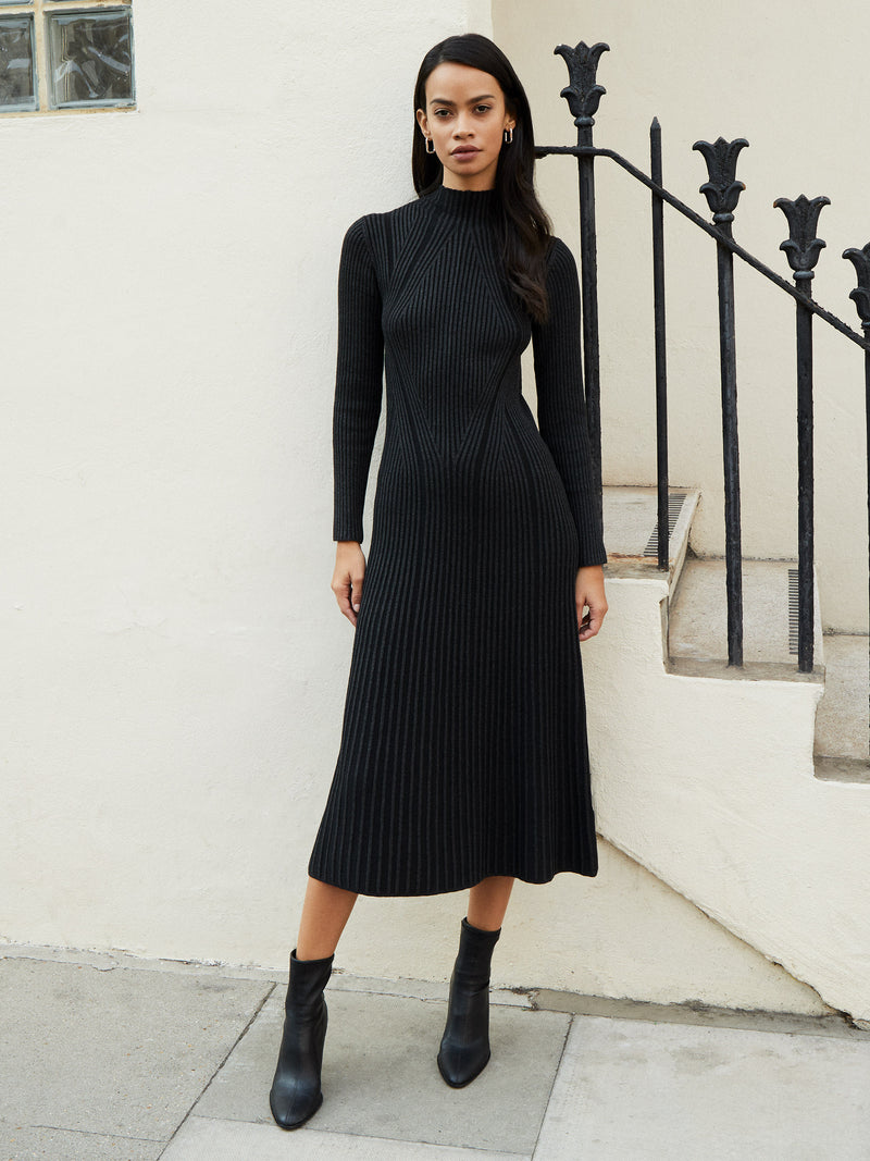 Mari Rib Illusion Midi Dress Charcoal Mel Black French Connection UK