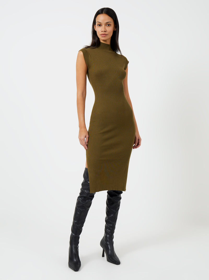 Rib Funnel Slvlss Dress M Khaki French Connection UK